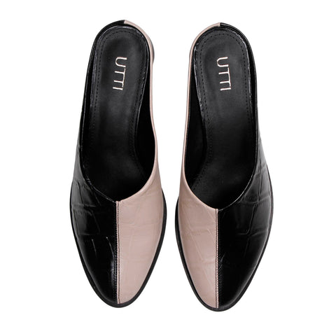 Mule Bicolor Amélie em Couro Maxi Croco Preto e Off White