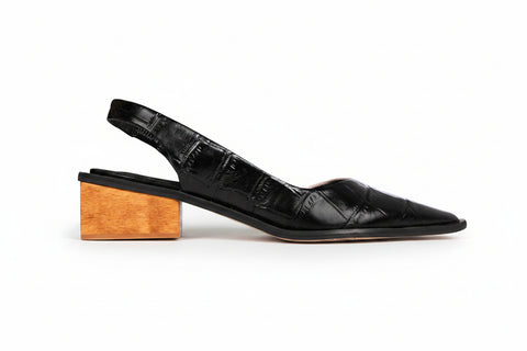 Slingback Florence em Couro Bicolor Maxi Croco Preto e Off White