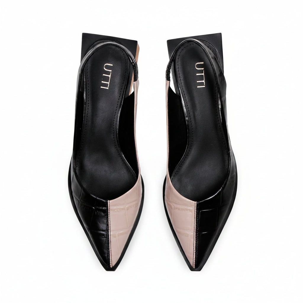 Slingback Florence em Couro Bicolor Maxi Croco Preto e Off White