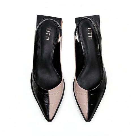 Slingback Florence em Couro Bicolor Maxi Croco Preto e Off White