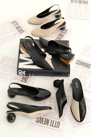 Slingback Florence em Couro Bicolor Maxi Croco Preto e Off White