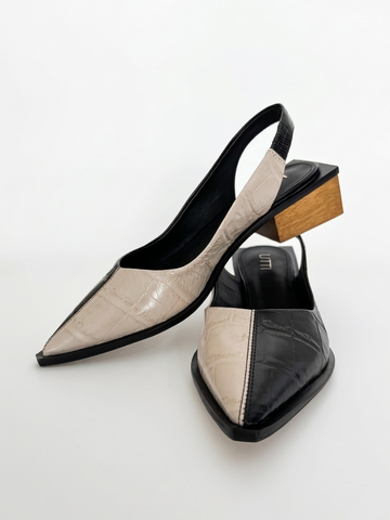Slingback Florence em Couro Bicolor Maxi Croco Preto e Off White