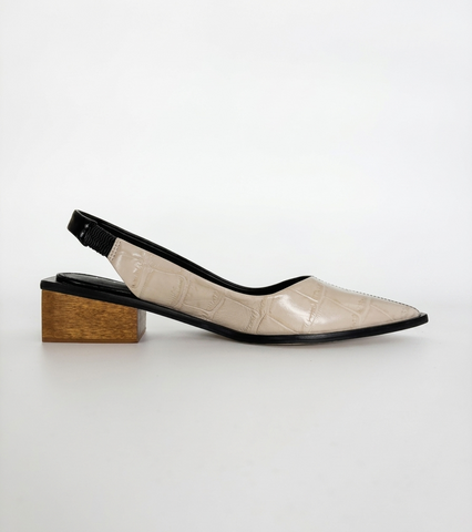 Slingback Florence em Couro Bicolor Maxi Croco Preto e Off White
