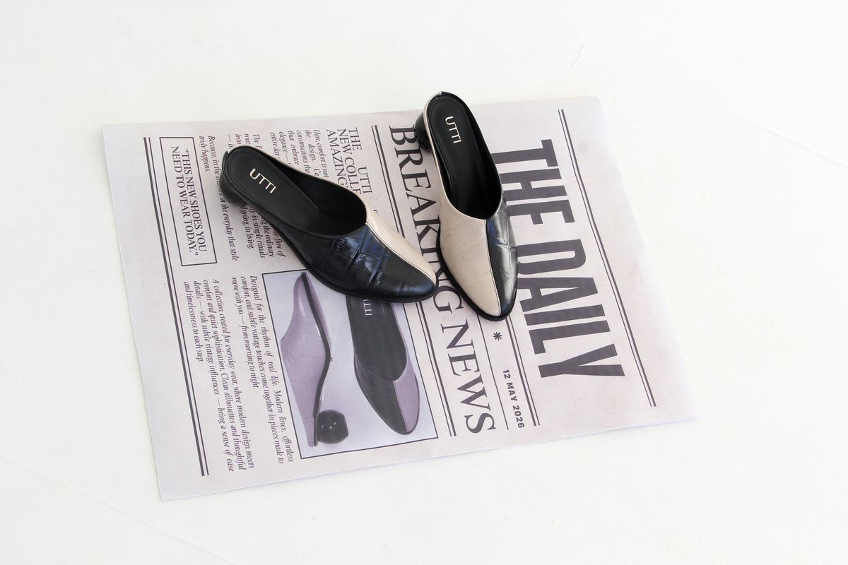 Mule Bicolor Amélie em Couro Maxi Croco Preto e Off White